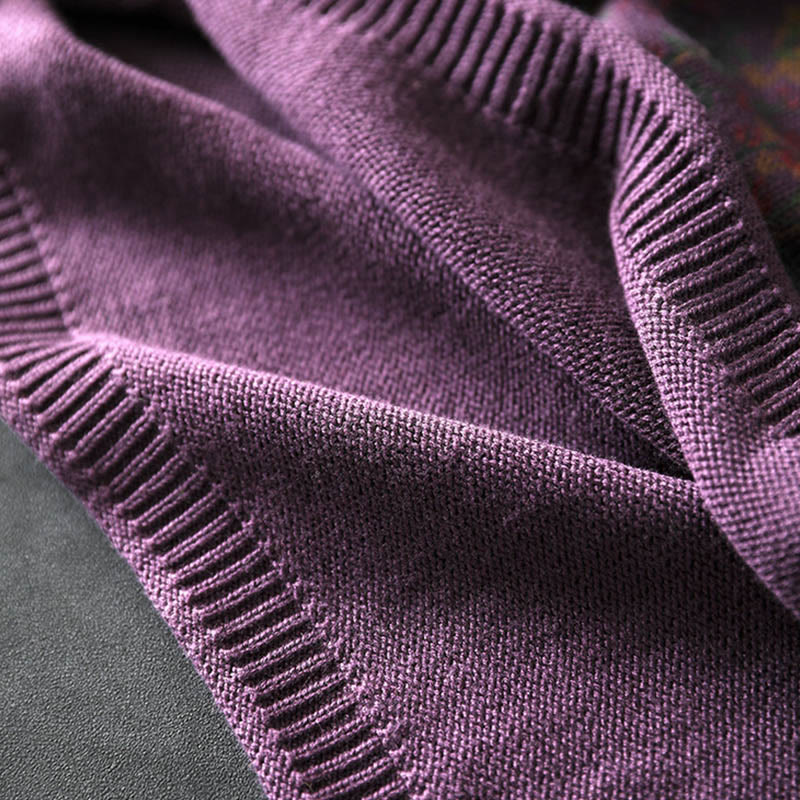 Knitted Plant Pattern Long Sleeve Mock Neck Women's Cotton Sweater