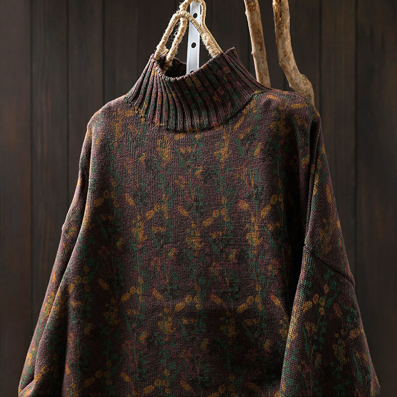 Knitted Plant Pattern Long Sleeve Mock Neck Women's Cotton Sweater