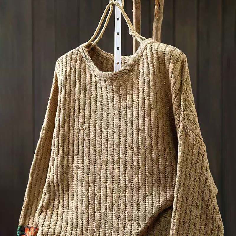 Winter Patchwork Design Long Sleeve Crew Neck Women's Cotton Sweater