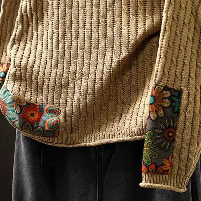 Winter Patchwork Design Long Sleeve Crew Neck Women's Cotton Sweater