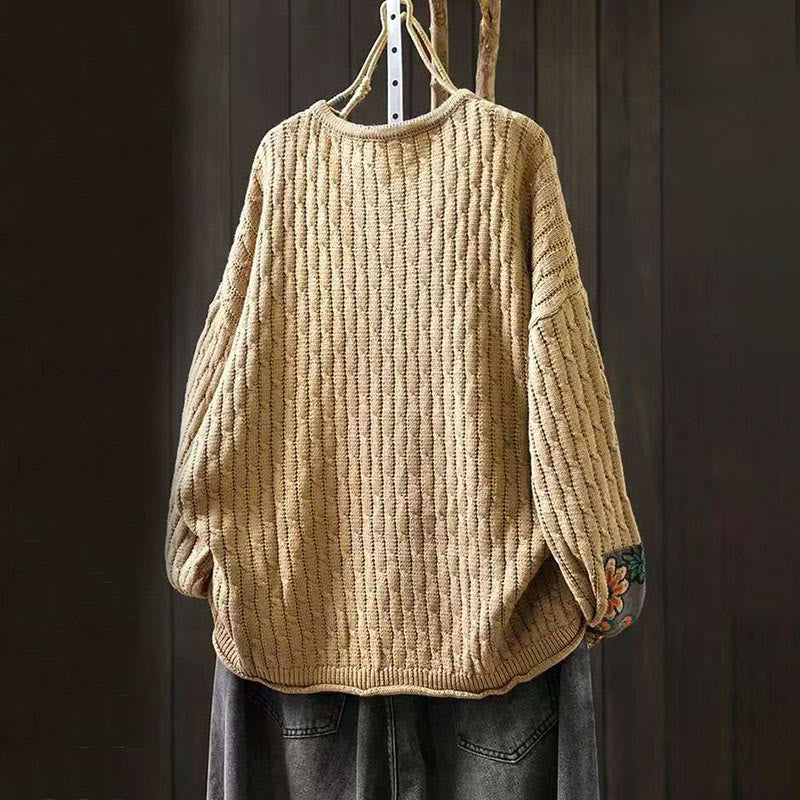 Winter Patchwork Design Long Sleeve Crew Neck Women's Cotton Sweater