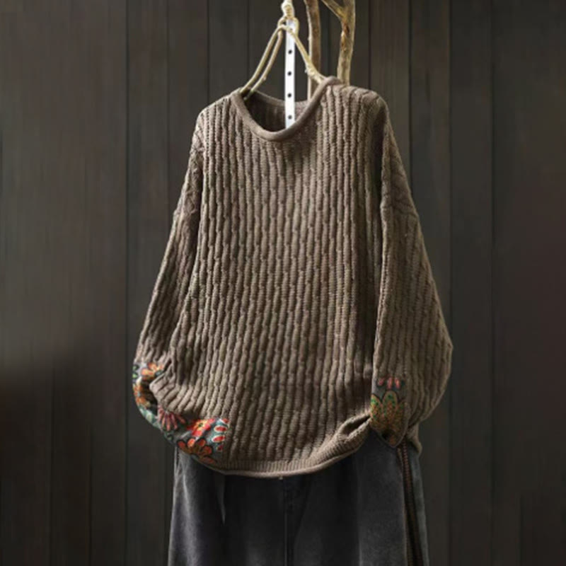 Winter Patchwork Design Long Sleeve Crew Neck Women's Cotton Sweater