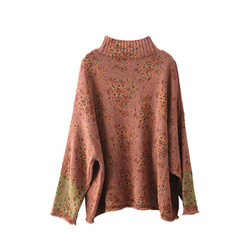 Fall Printing Floral Long Sleeve Mock Neck Women's Knitted Cotton Sweater