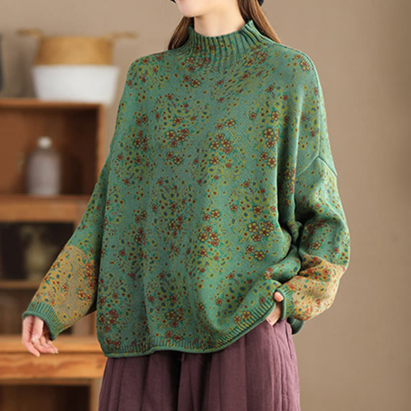 Fall Printing Floral Long Sleeve Mock Neck Women's Knitted Cotton Sweater