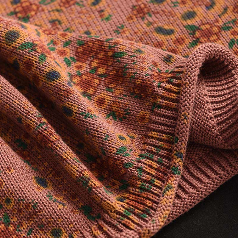 Fall Printing Floral Long Sleeve Mock Neck Women's Knitted Cotton Sweater