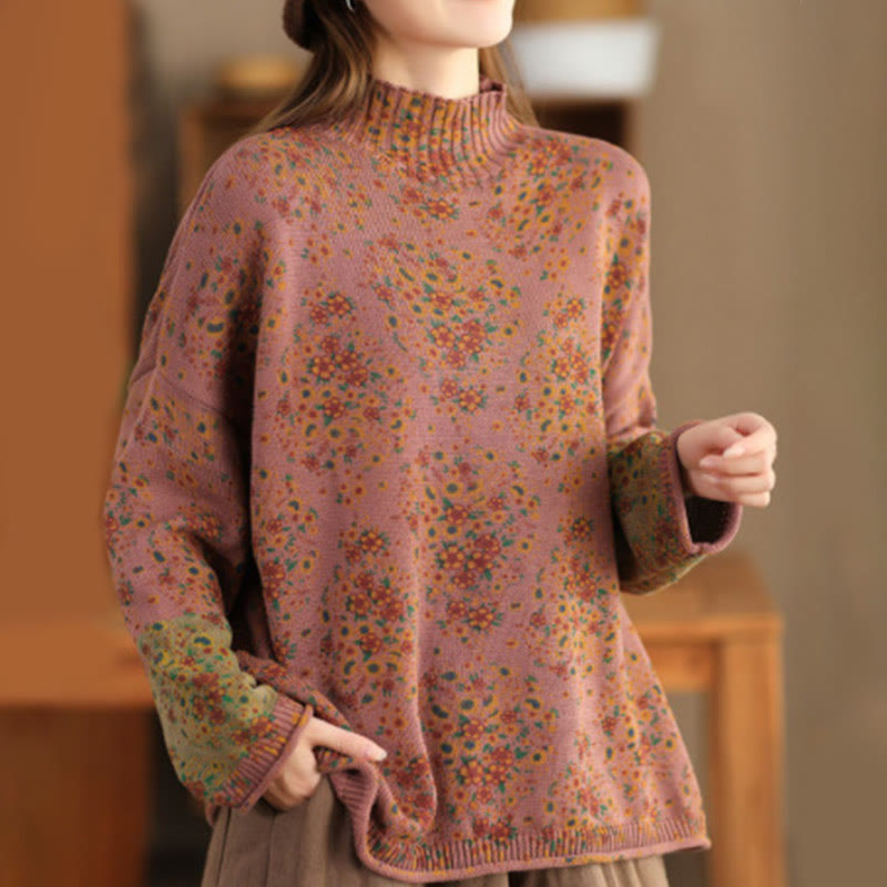 Fall Printing Floral Long Sleeve Mock Neck Women's Knitted Cotton Sweater