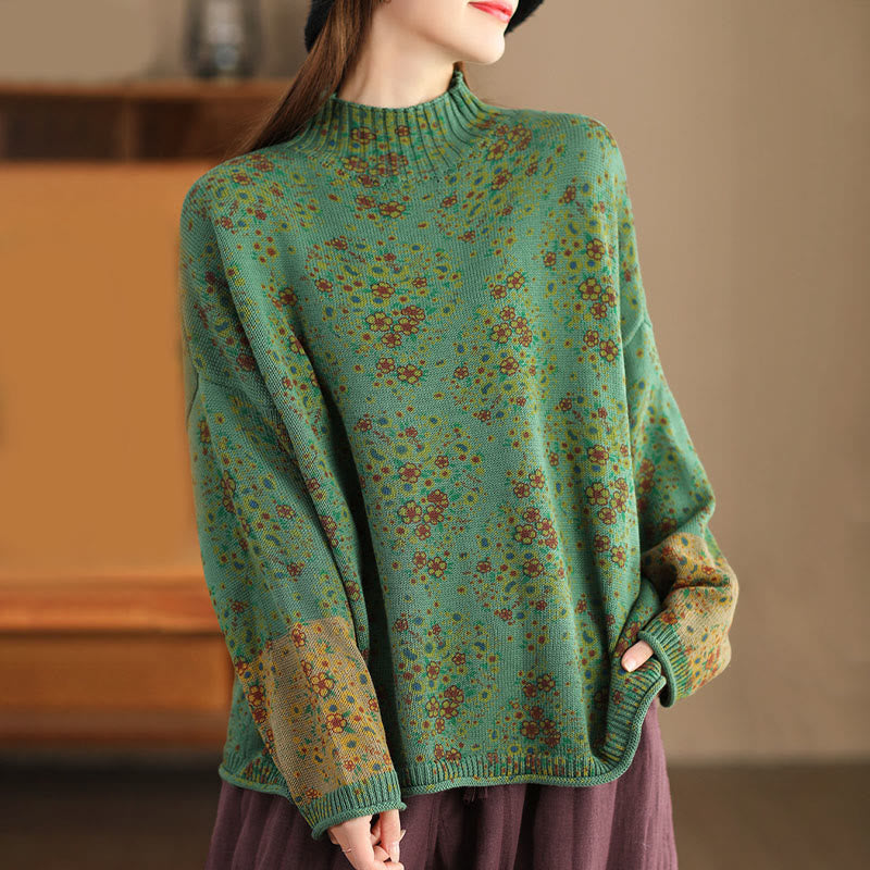 Fall Printing Floral Long Sleeve Mock Neck Women's Knitted Cotton Sweater