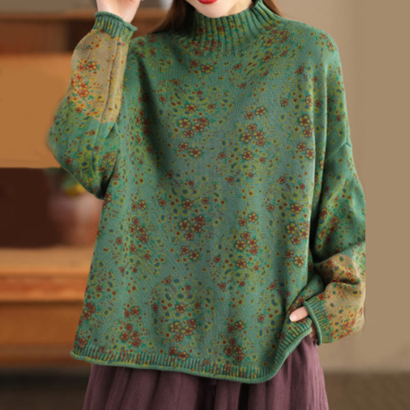 Fall Printing Floral Long Sleeve Mock Neck Women's Knitted Cotton Sweater
