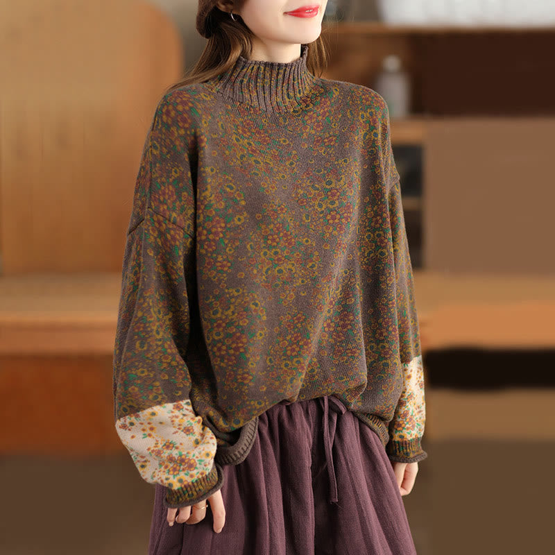 Fall Printing Floral Long Sleeve Mock Neck Women's Knitted Cotton Sweater