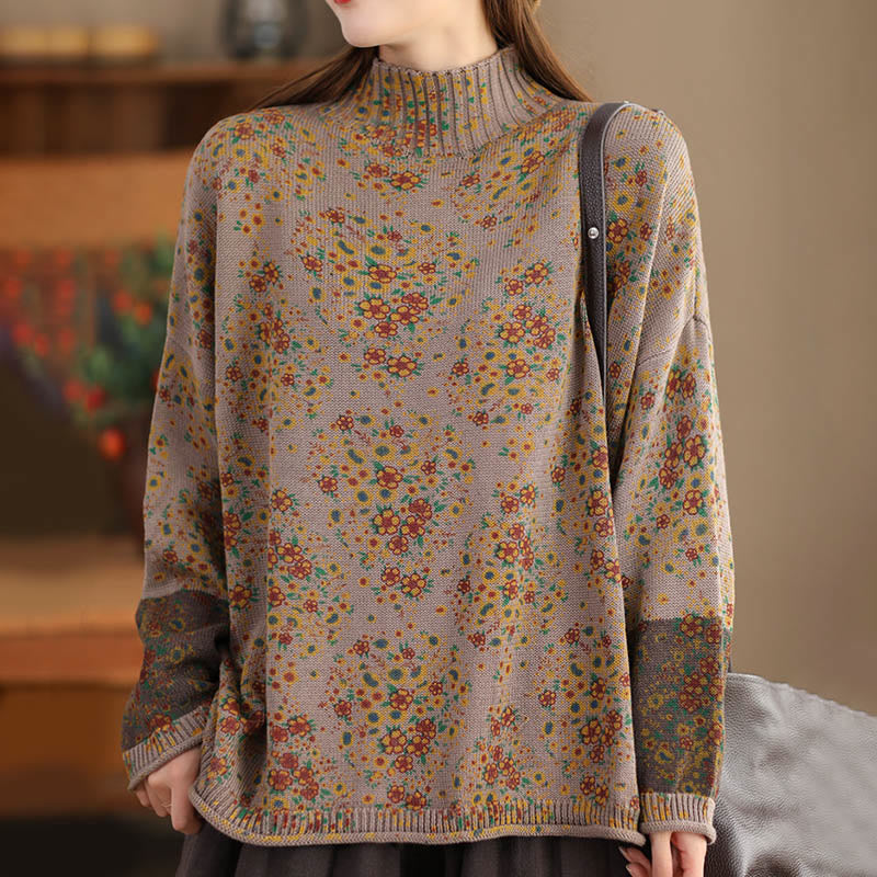 Fall Printing Floral Long Sleeve Mock Neck Women's Knitted Cotton Sweater