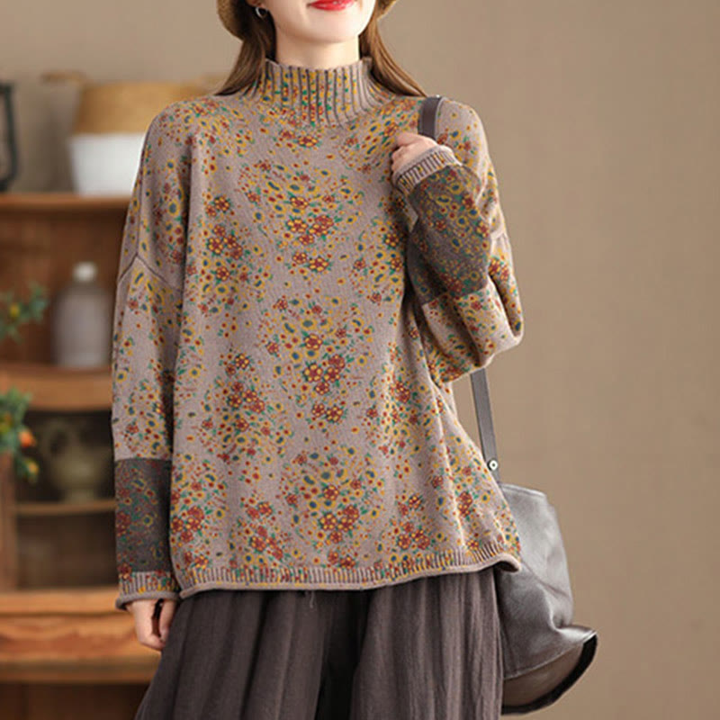 Fall Printing Floral Long Sleeve Mock Neck Women's Knitted Cotton Sweater