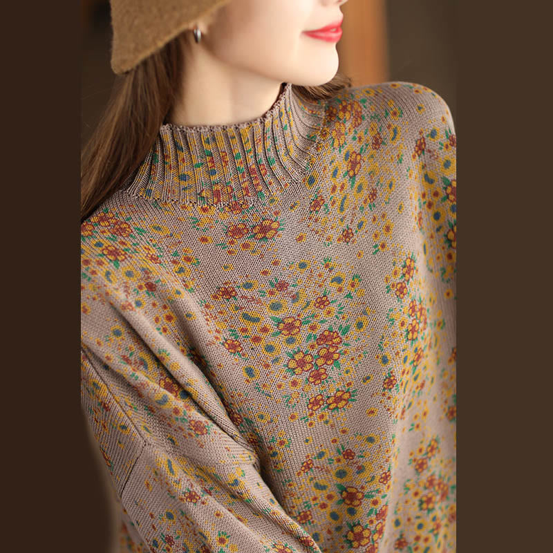 Fall Printing Floral Long Sleeve Mock Neck Women's Knitted Cotton Sweater