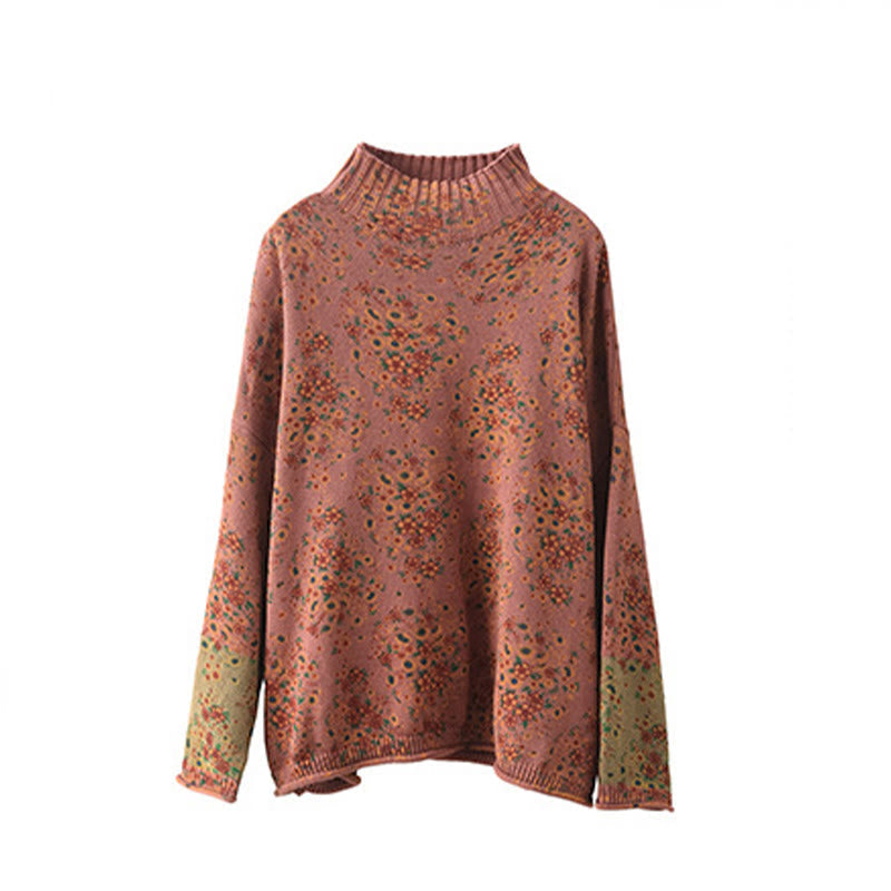 Fall Printing Floral Long Sleeve Mock Neck Women's Knitted Cotton Sweater