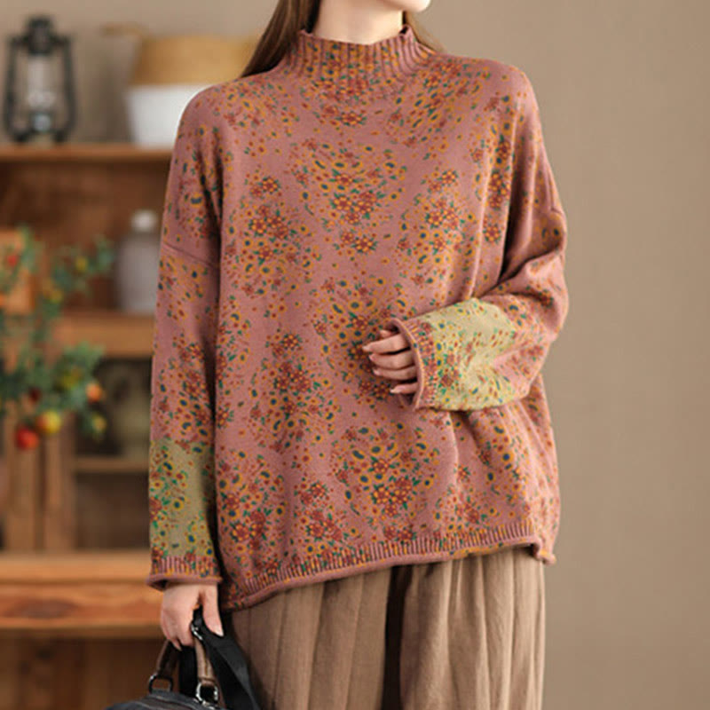 Fall Printing Floral Long Sleeve Mock Neck Women's Knitted Cotton Sweater
