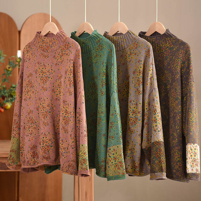 Fall Printing Floral Long Sleeve Mock Neck Women's Knitted Cotton Sweater