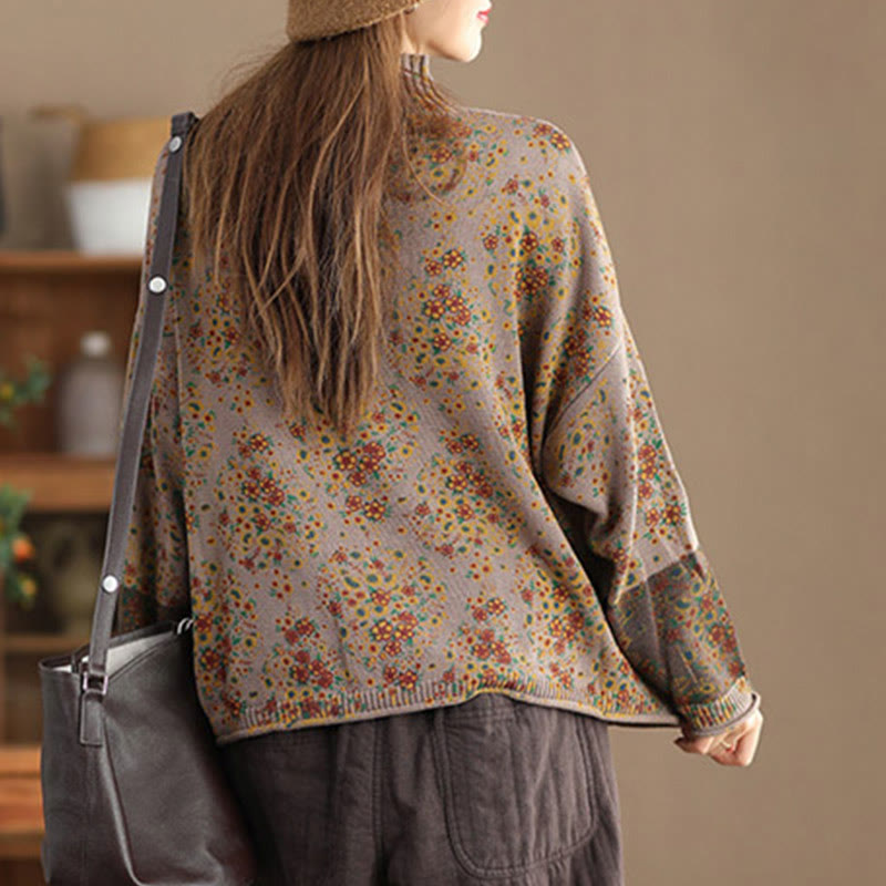 Fall Printing Floral Long Sleeve Mock Neck Women's Knitted Cotton Sweater