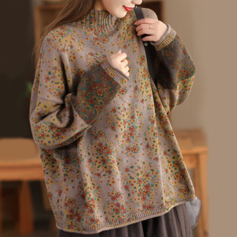 Fall Printing Floral Long Sleeve Mock Neck Women's Knitted Cotton Sweater