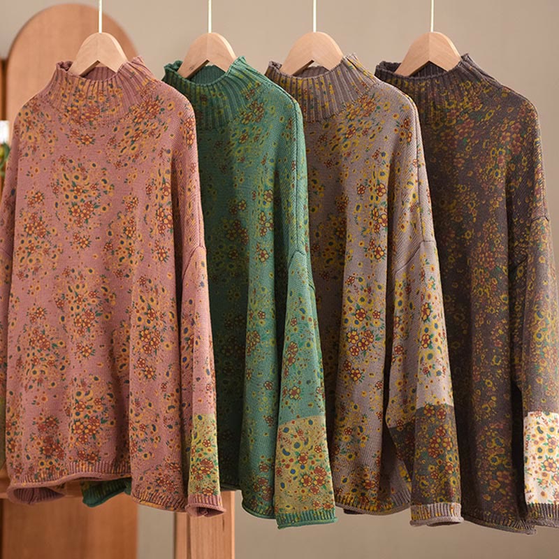 Fall Printing Floral Long Sleeve Mock Neck Women's Knitted Cotton Sweater