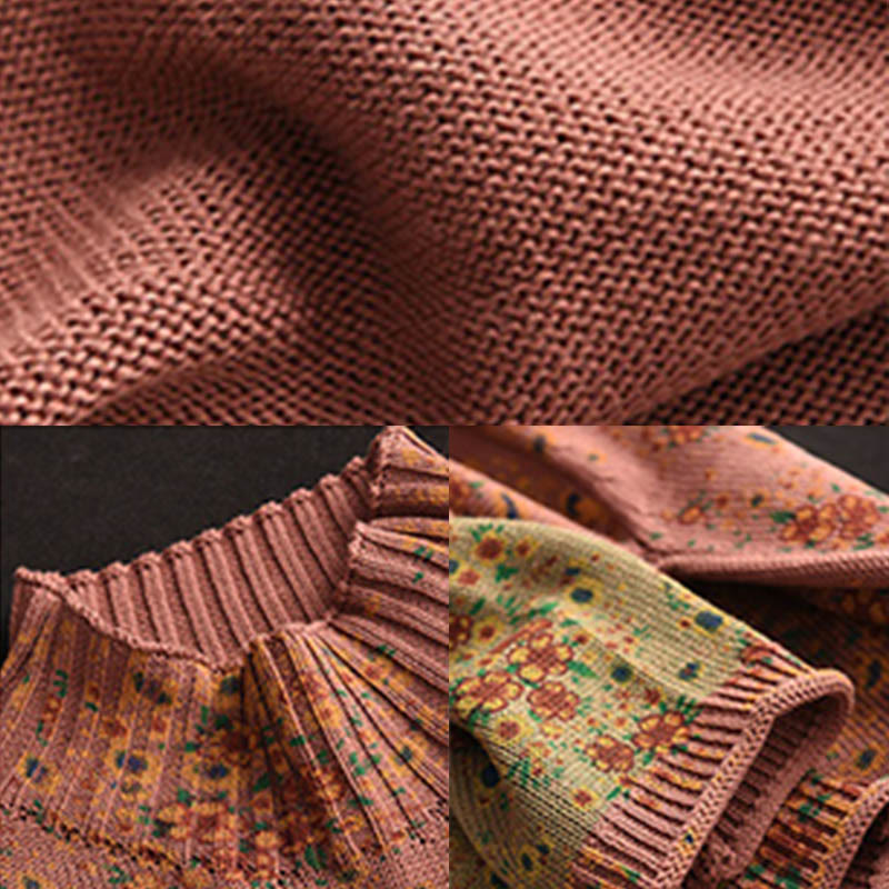 Fall Printing Floral Long Sleeve Mock Neck Women's Knitted Cotton Sweater