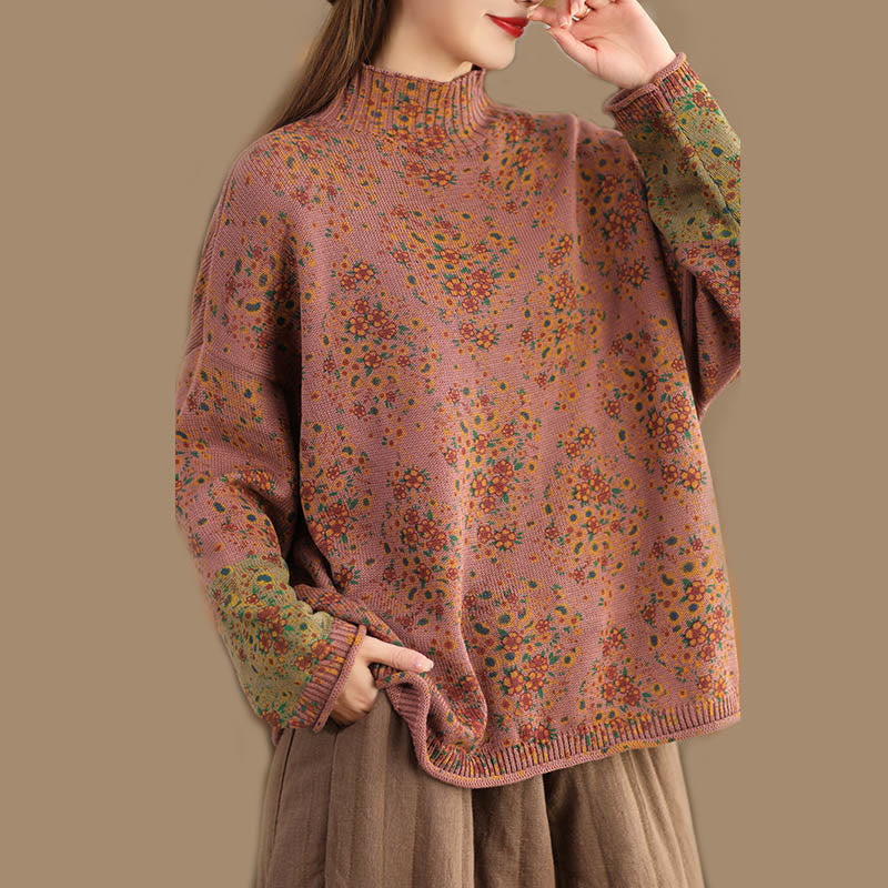 Fall Printing Floral Long Sleeve Mock Neck Women's Knitted Cotton Sweater