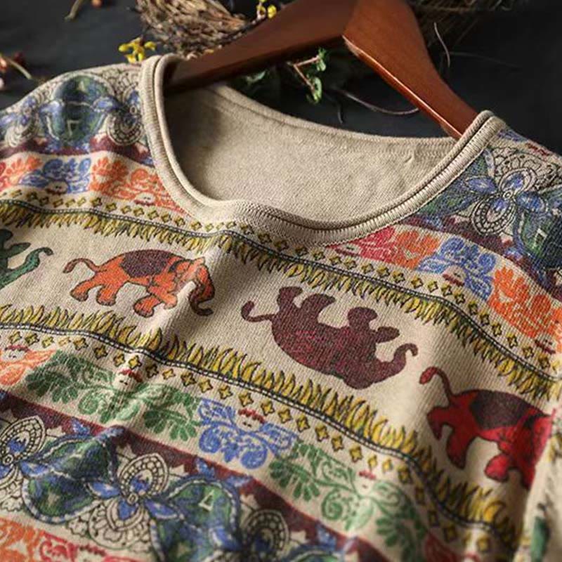 Knitted Cotton Elephant Motif Mindful Crewneck Sweater
