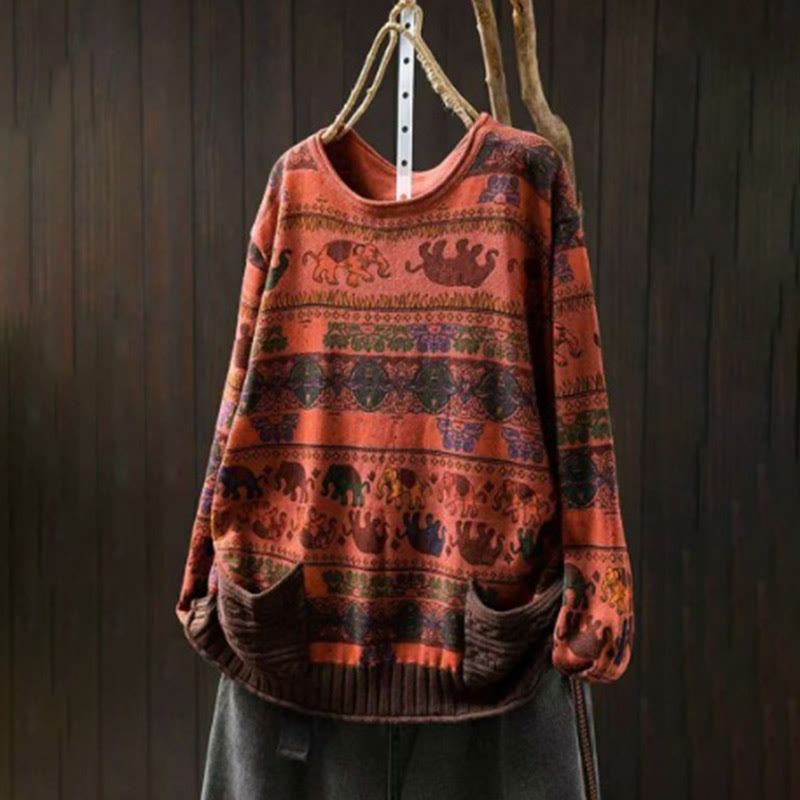 Knitted Cotton Elephant Motif Mindful Crewneck Sweater