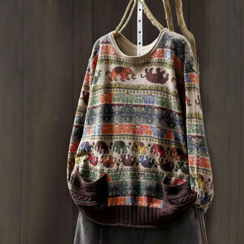 Knitted Cotton Elephant Motif Mindful Crewneck Sweater