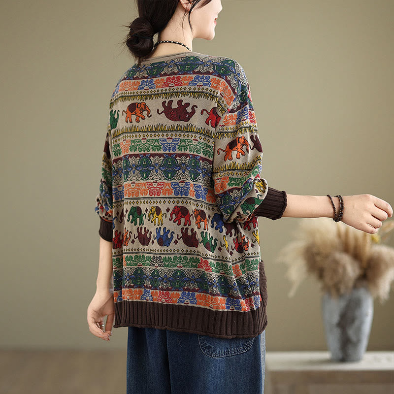 Knitted Cotton Elephant Motif Mindful Crewneck Sweater