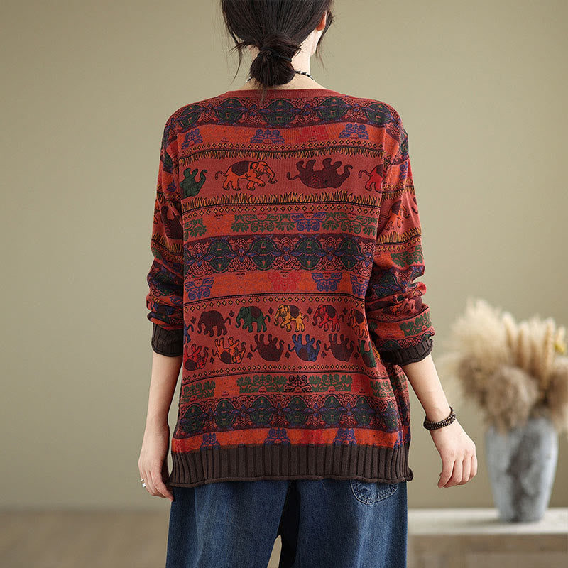 Knitted Cotton Elephant Motif Mindful Crewneck Sweater