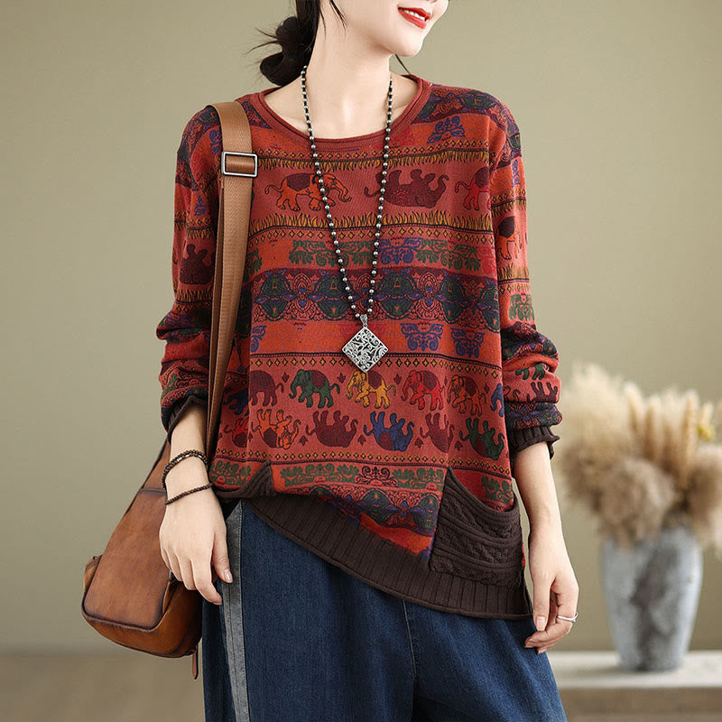 Knitted Cotton Elephant Motif Mindful Crewneck Sweater