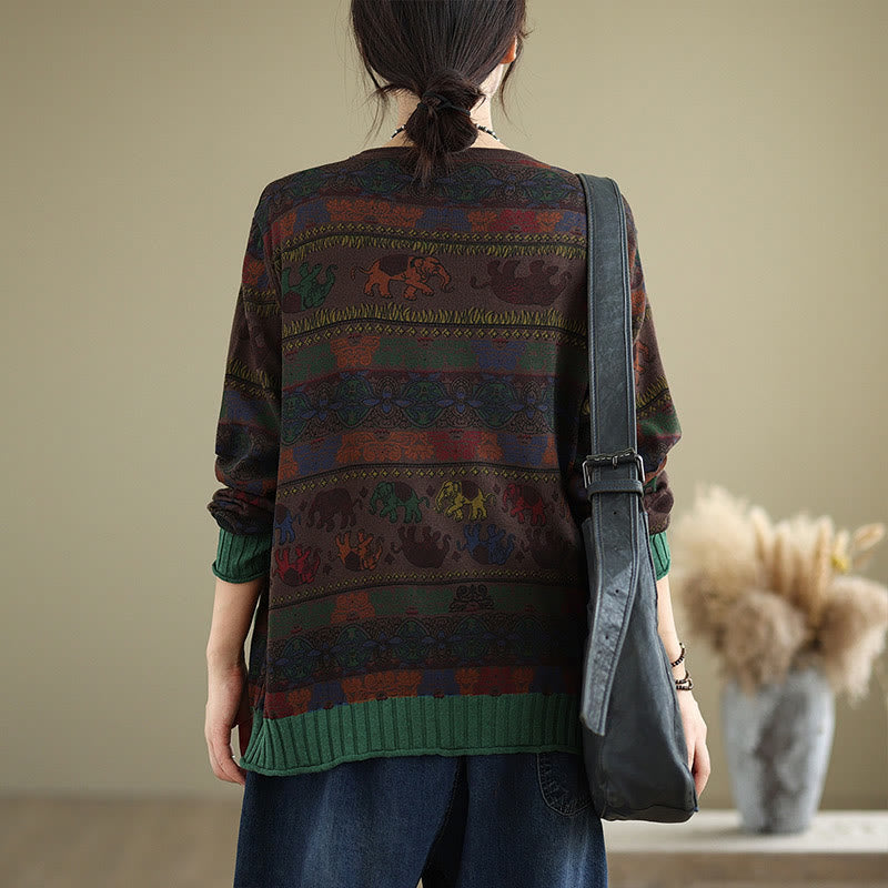 Knitted Cotton Elephant Motif Mindful Crewneck Sweater