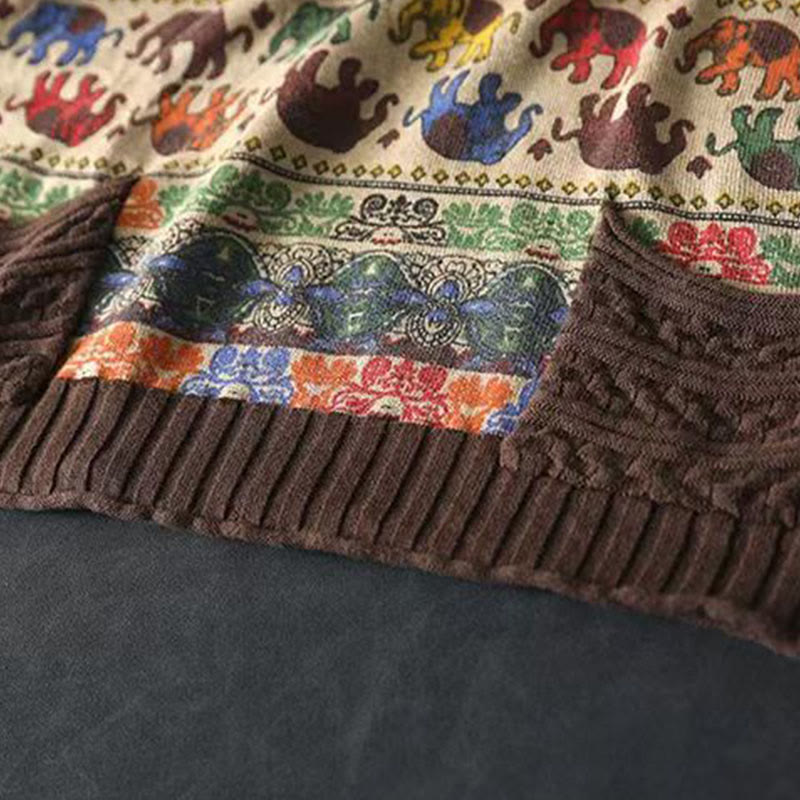 Knitted Cotton Elephant Motif Mindful Crewneck Sweater