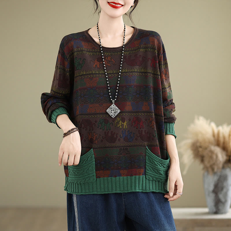 Knitted Cotton Elephant Motif Mindful Crewneck Sweater