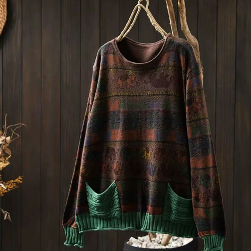 Knitted Cotton Elephant Motif Mindful Crewneck Sweater