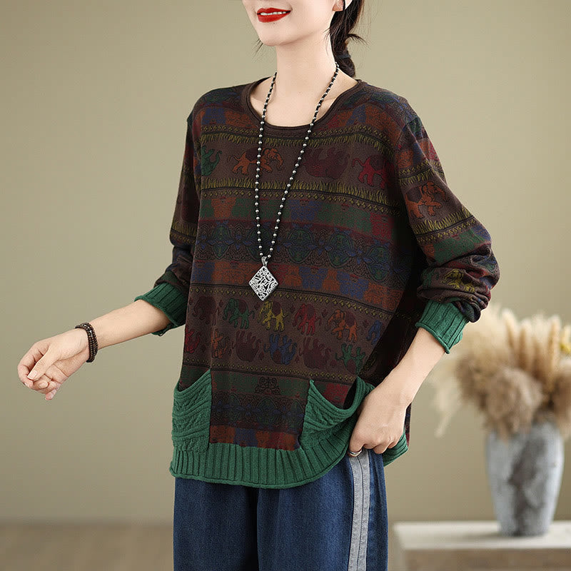 Knitted Cotton Elephant Motif Mindful Crewneck Sweater