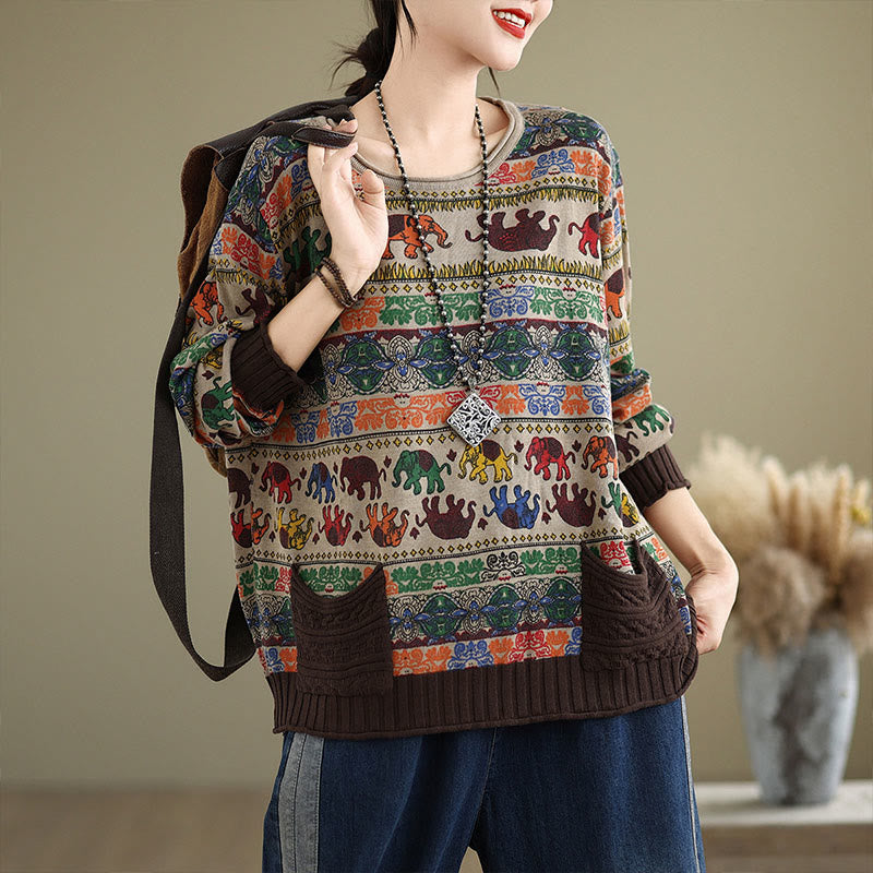 Knitted Cotton Elephant Motif Mindful Crewneck Sweater