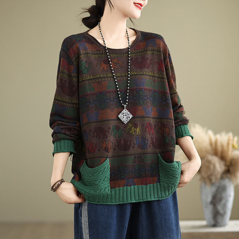 Knitted Cotton Elephant Motif Mindful Crewneck Sweater