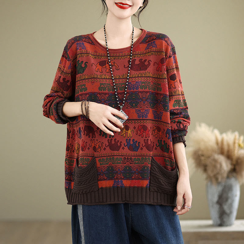 Knitted Cotton Elephant Motif Mindful Crewneck Sweater