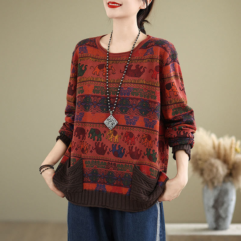Knitted Cotton Elephant Motif Mindful Crewneck Sweater