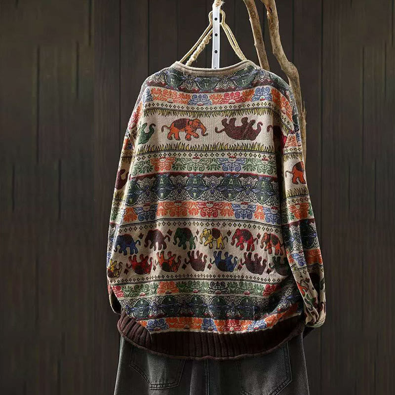 Knitted Cotton Elephant Motif Mindful Crewneck Sweater