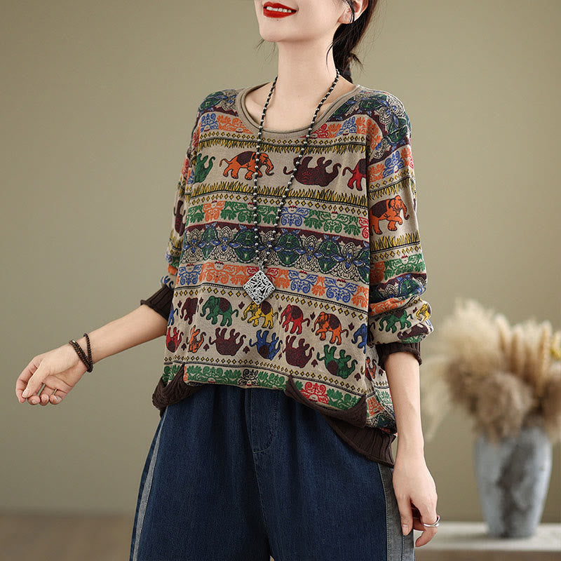 Knitted Cotton Elephant Motif Mindful Crewneck Sweater