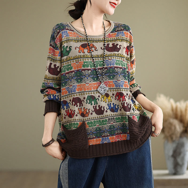 Knitted Cotton Elephant Motif Mindful Crewneck Sweater
