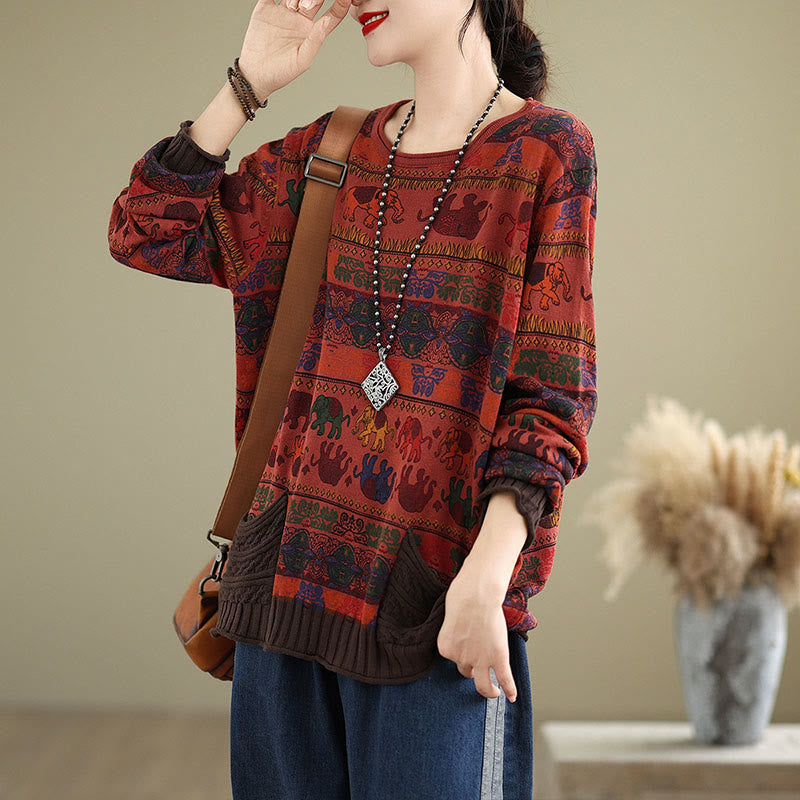Knitted Cotton Elephant Motif Mindful Crewneck Sweater