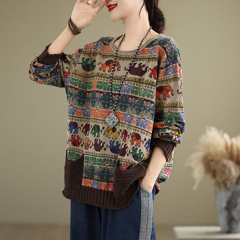 Knitted Cotton Elephant Motif Mindful Crewneck Sweater