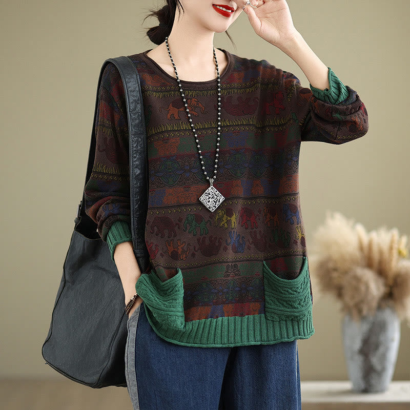 Knitted Cotton Elephant Motif Mindful Crewneck Sweater