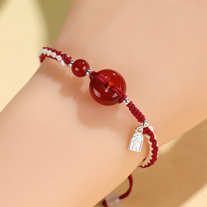 Handcrafted Red String Ping An Kou Peace Buckle Gemstone Braided Bracelet