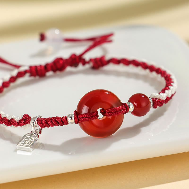 Handcrafted Red String Ping An Kou Peace Buckle Gemstone Braided Bracelet