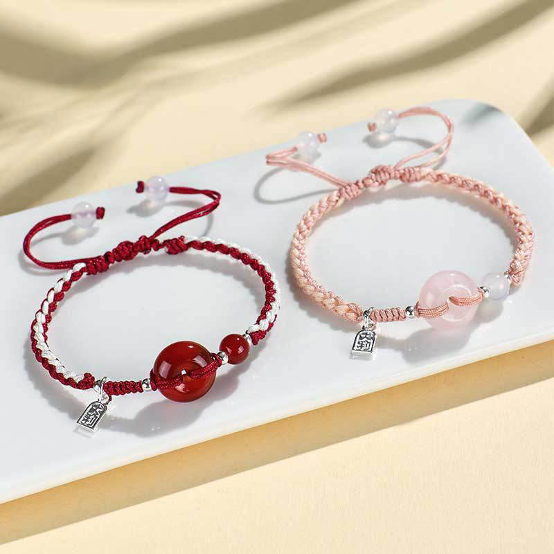 Handcrafted Red String Ping An Kou Peace Buckle Gemstone Braided Bracelet