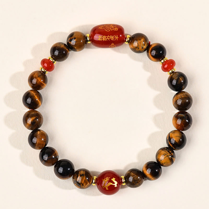 Natural Tiger Eye and Red Agate Chinese Zodiac Beaded Bracelet