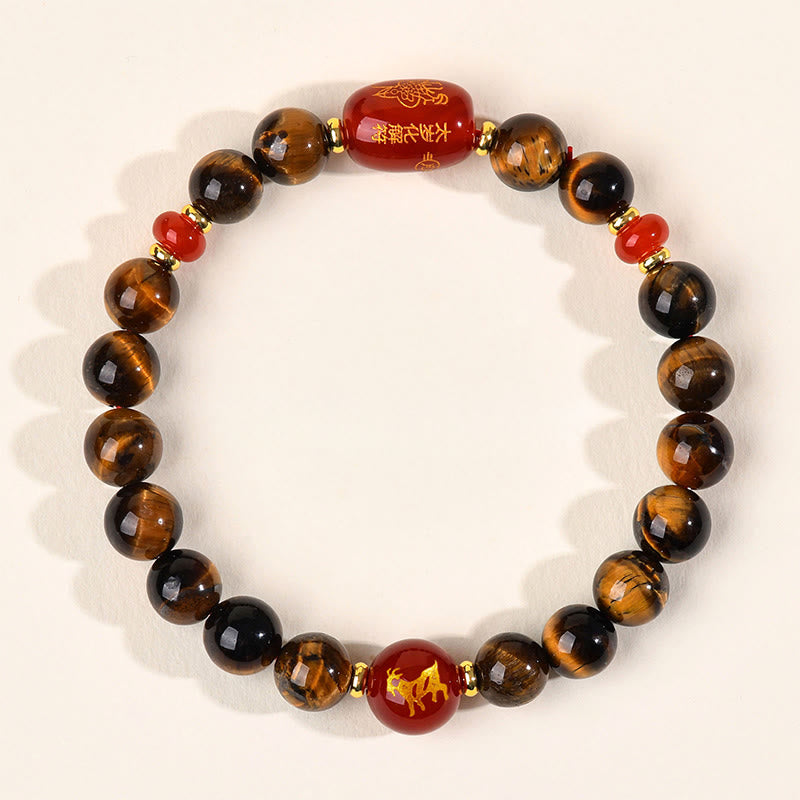 Natural Tiger Eye and Red Agate Chinese Zodiac Beaded Bracelet